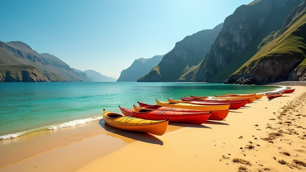 Aerial view of multiple kayaks lined up on golden sand beach with clear water and cliffs in background