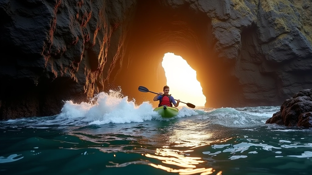 Kayaker paddling near dramatic sea cave entrance carved into cliff face with wave splashing against rocks