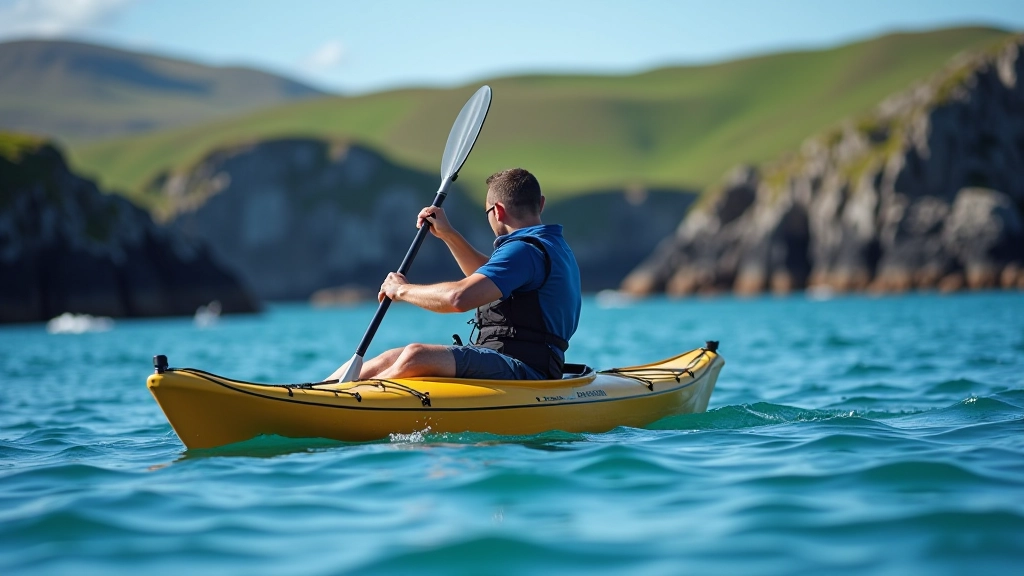Close-up of paddler's hands gripping kayak paddle over calm blue water with rocky shoreline visible
