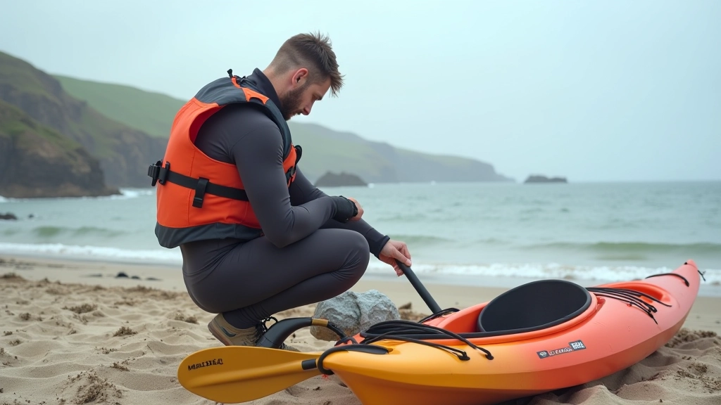 Paddler in wetsuit and life jacket checking equipment on beach, with kayak and paddle laid out on sand