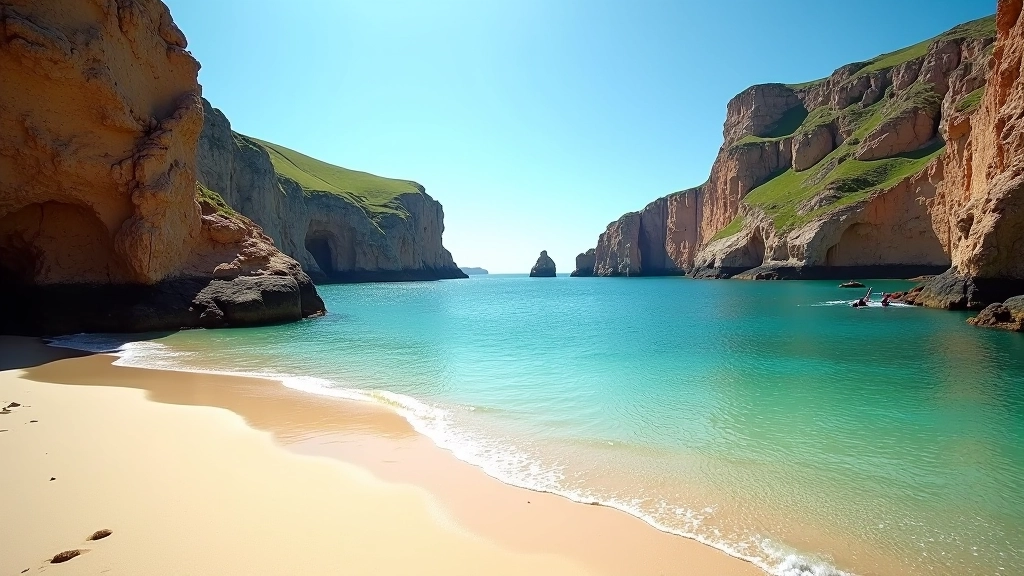 Sheltered bay with golden sand beach surrounded by towering sandstone cliffs and calm turquoise water