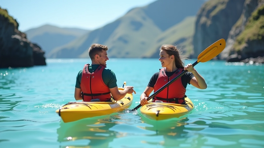 Guide demonstrating kayak rescue technique with another paddler in clear shallow water