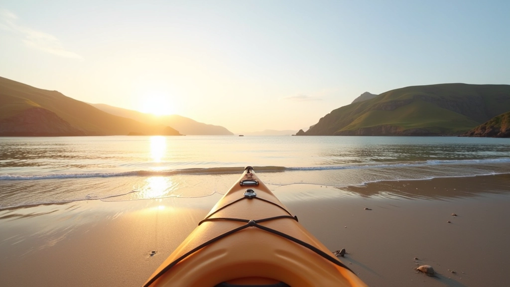 Wide sandy beach bay at golden hour with soft evening light reflecting on calm water and distant hills